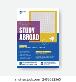 Study abroad flyer or student visa application poster, education or online learning leaflet or brochure cover template design