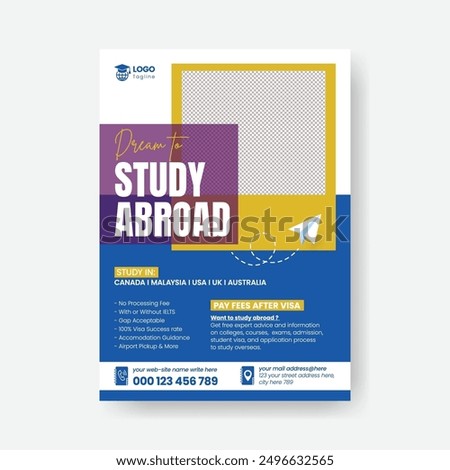 Study abroad flyer or student visa application poster, education or online learning leaflet or brochure cover template design