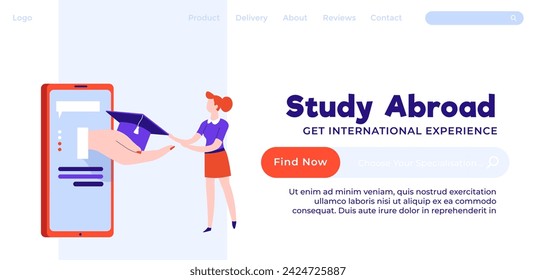 Study abroad, get international experience. Find best course or university to study and obtain knowledge, educational program. Website landing page template, internet site, vector in flat style