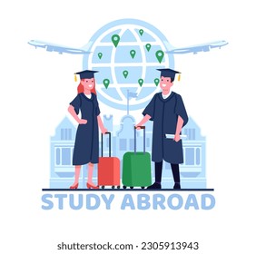 Study abroad and global education, guy and girl students fly away to study in foreign countries. international university, worldwide learning, cartoon flat style isolated