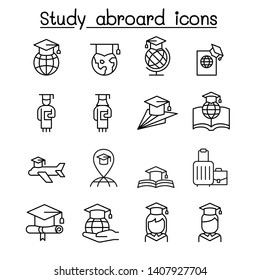 Study Abroad & Graduation Icon Set In Thin Line Style