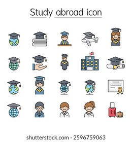 Study abroad icon set in color line style