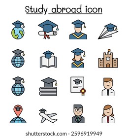 Study abroad icon set in colorline style