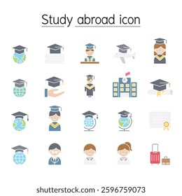 Study abroad icon set flat color style