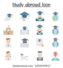 Study abroad icon set in flat color style