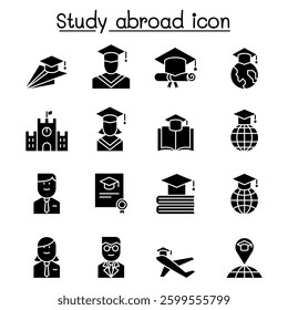 Study abroad icon set in glyph style