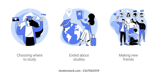 Study abroad isolated cartoon vector illustrations set. Choosing country, exited young person holding tickets, get scholarship, university exchange program, diverse students vector cartoon.