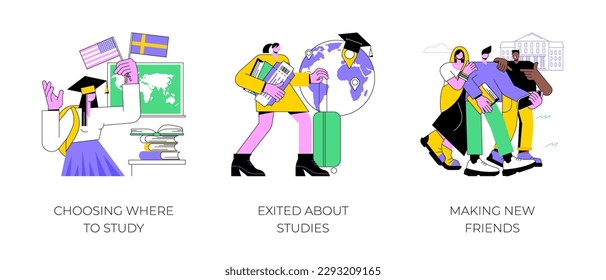 Study abroad isolated cartoon vector illustrations set. Choosing country, exited young person holding tickets, get scholarship, university exchange program, diverse students vector cartoon.