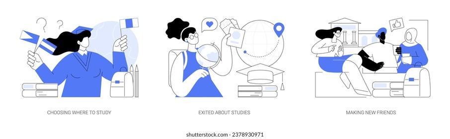 Study abroad isolated cartoon vector illustrations set. Choosing country, exited young person holding tickets, get scholarship, university exchange program, diverse students vector cartoon.