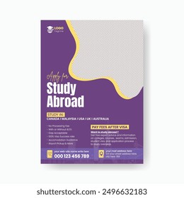 Study abroad print flyer or poster template, education or online learning leaflet or brochure cover design