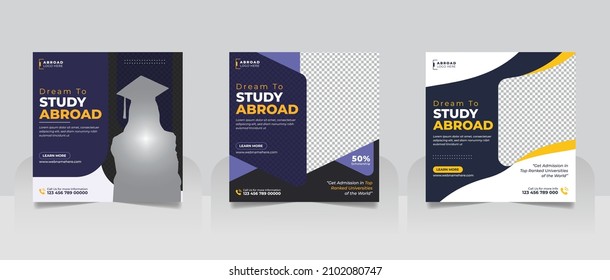 Study Abroad Social Media Post Or Higher Education Social Media Web Banner Square Flyer Template Set.