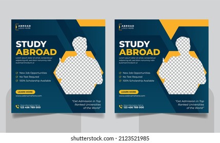 Estudiar en el extranjero publicaciones en medios sociales o educación superior redes sociales banner square flyer (combinación de plantillas de volante cuadrado) set.