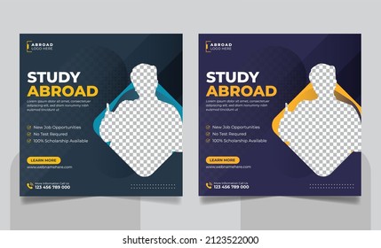 Estudiar en el extranjero publicaciones en medios sociales o educación superior redes sociales banner square flyer (combinación de plantillas de volante cuadrado) set.
