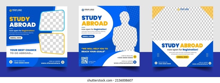 Study abroad social media post banner design. higher education social media post banner design set. Study abroad promotion banner. Study abroad template for social media ad.