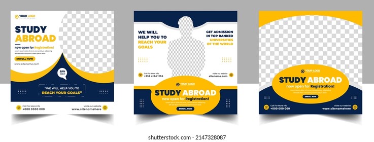 Study Abroad Social Media Post Banner Design. Higher Education Social Media Post Banner Design Set. School Admission Promotion Banner. School Admission Template For Social Media Ad.