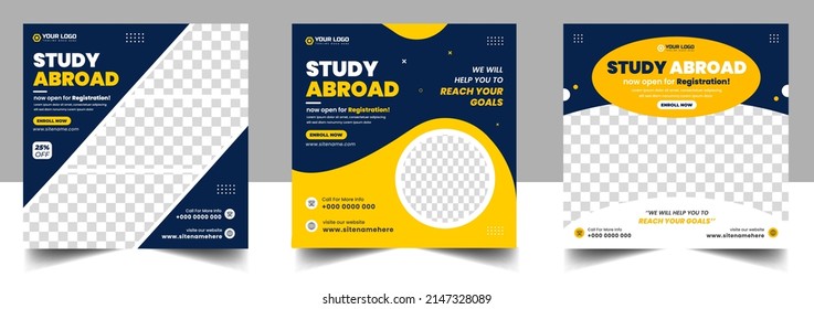 Study Abroad Social Media Post Banner Design. Higher Education Social Media Post Banner Design Set. School Admission Promotion Banner. School Admission Template For Social Media Ad.