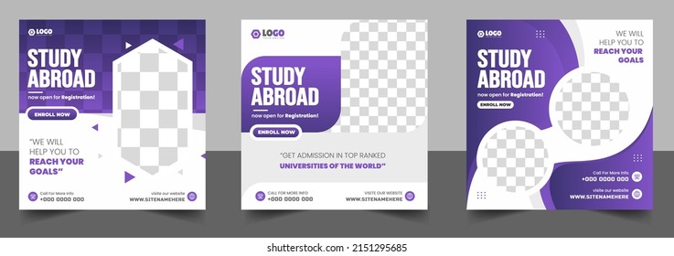 Study abroad social media post banner design. higher education social media post banner design set. school admission promotion banner. school admission template for social media ad.