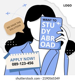 Study abroad social media post template with flat illustration