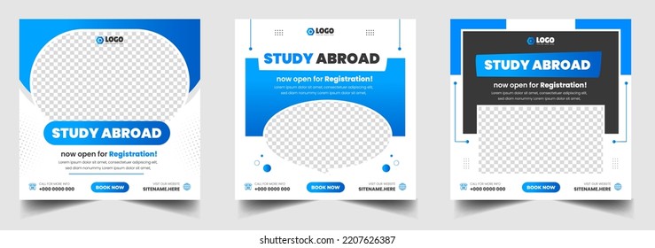 Study abroad social media post banner design. higher education social media post banner design set. Study abroad promotion banner. Study abroad template for social media ad.