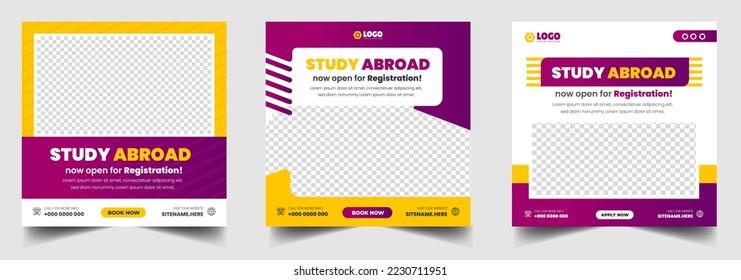 Study abroad social media post banner design. higher education social media post banner design set. school admission promotion banner. school admission template for social media ad.