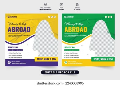 Studium im Ausland Social-Media-Post-Vektorgrafik mit violetten, grünen und gelben Farben. Im Ausland Bildung Werbebanner Design für Marketing. Auslandsstudio Agentur Werbevorlage Vektorgrafik.