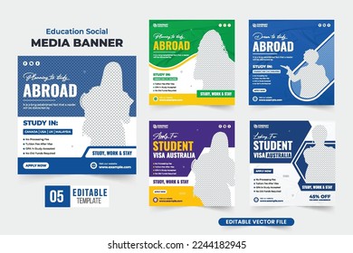 Study abroad social media post set vector with creative shapes. Modern abroad education promotional web banner collection with blue and yellow colors. Abroad scholarship advertisement template bundle.