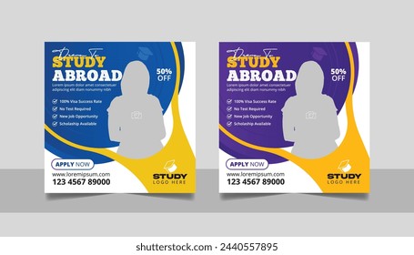 Study abroad social media post banner set, Higher education social media square flyer school admission web banner template