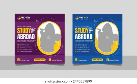 Study abroad social media post banner set, Higher education social media square flyer school admission web banner template