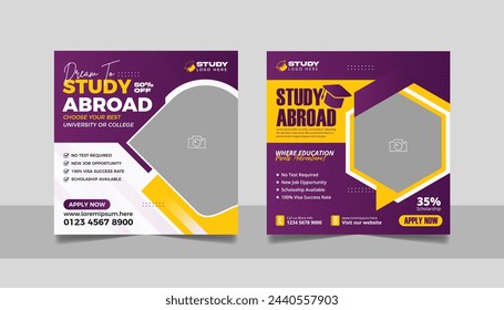 Study abroad social media post banner set, Higher education social media square flyer school admission web banner template