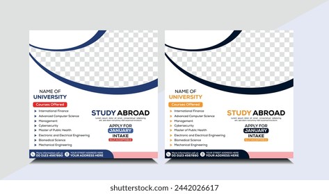 Study abroad social media post banner design. Modern social media kits for study abroad. Higher education and promotional square flyer design for web media. 