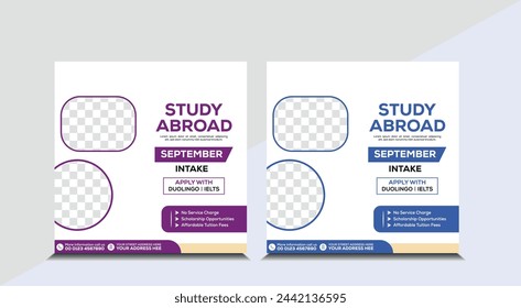  Estudia en el extranjero diseño de banner de medios sociales. Kits modernos de medios sociales para estudiar en el extranjero. Educación superior y diseño promocional de volantes cuadrados para medios web. conjunto de diseño.