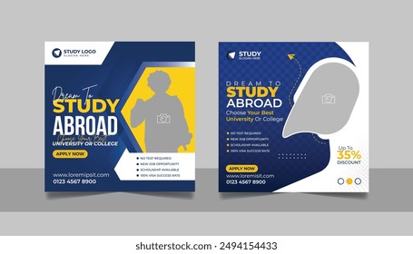 Study abroad social media post banner set, Higher education social media square flyer school admission web banner template