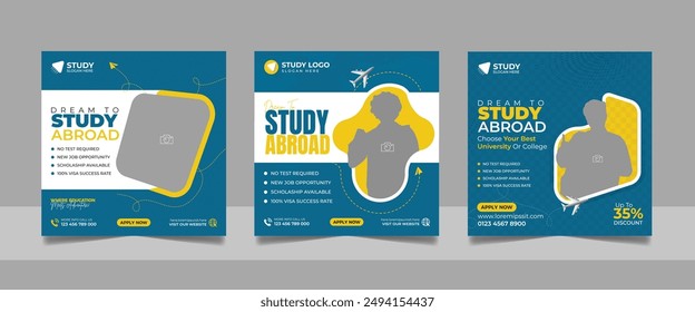 Study abroad social media post banner set, Higher education social media square flyer school admission web banner template