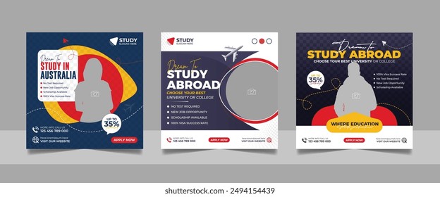 Study abroad social media post banner set, Higher education social media square flyer school admission web banner template