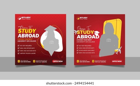 Study abroad social media post banner set, Higher education social media square flyer school admission web banner template