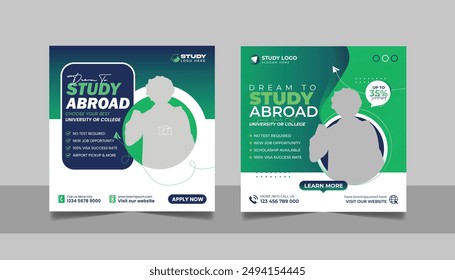 Study abroad social media post banner set, Higher education social media square flyer school admission web banner template