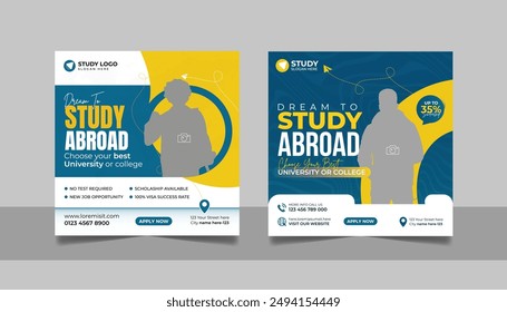 Study abroad social media post banner set, Higher education social media square flyer school admission web banner template