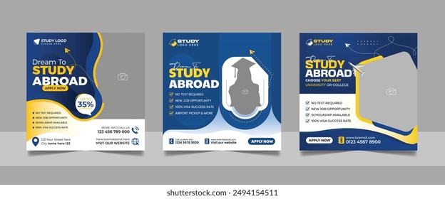 Study abroad social media post banner set, Higher education social media square flyer school admission web banner template