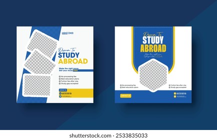 Study abroad social media post banner design. Higher education social media post banner design set. School admission promotion banner. School admission template for social media ads.