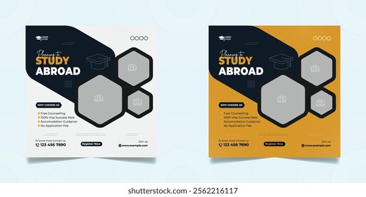 Study abroad social media post or higher education social media web banner square flyer template set.