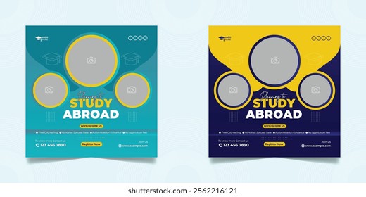 Study abroad social media post or higher education social media web banner square flyer template set.