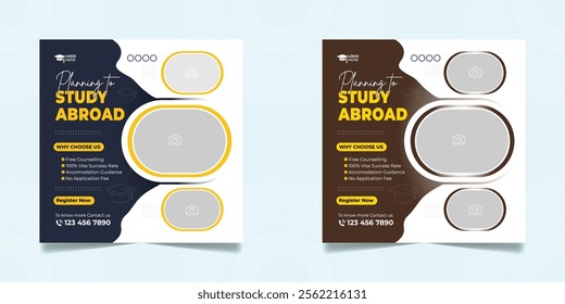 Study abroad social media post or higher education social media web banner square flyer template set.