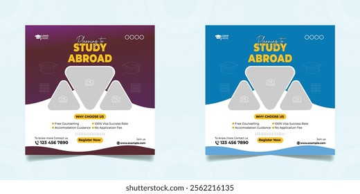 Study abroad social media post or higher education social media web banner square flyer template set.