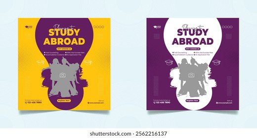 Study abroad social media post or higher education social media web banner square flyer template set.