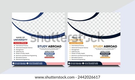 Study abroad social media post banner design. Modern social media kits for study abroad. Higher education and promotional square flyer design for web media. 