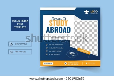 Study abroad social media post banner design. higher education social media post banner design set. school admission promotion banner. school admission template for social media ad.
