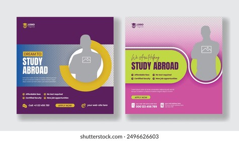 Study abroad social media posts banner, ads template and education square flyer or poster design