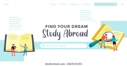 Study in abroad university, find your dream course or program and get knowledge. Obtain degree and qualification, start learning. Website landing page template, internet site. Vector in flat style