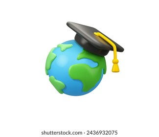 Study abroad vector 3d icon. Earth globe with graduation cap in simple cartoon style, isolated on white background. Back to school or exchange student concept.