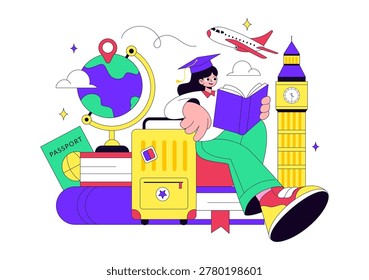 Study Abroad Vector Illustration Featuring International Education, Student Travel, Passport and Global Learning Design